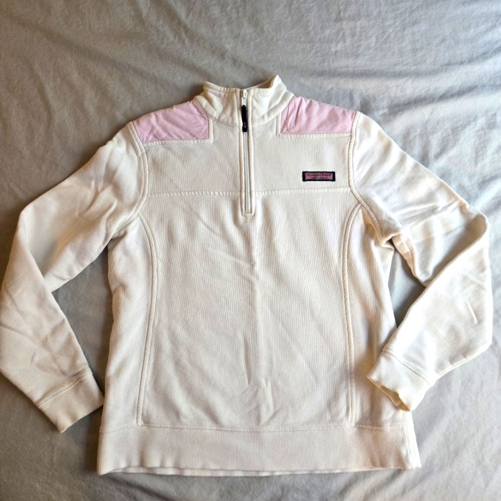 Vinyard Vines White Shep Shirt Quarter Zip Pastel Pink Shoulder sz S 100% Cotton